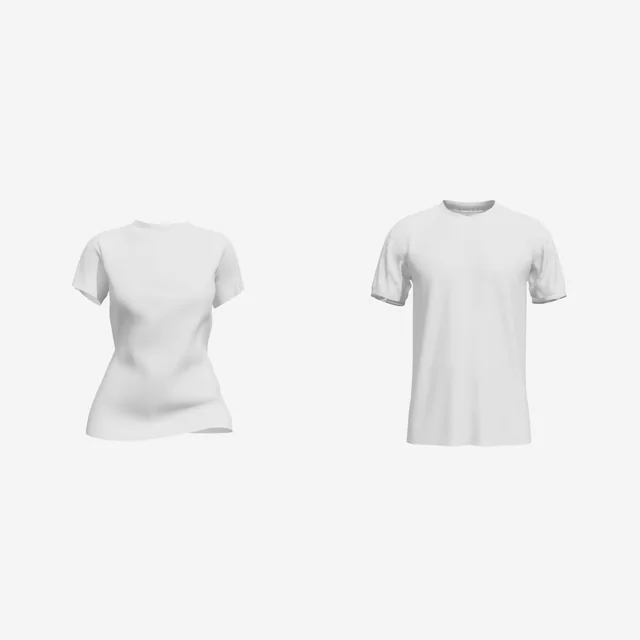 A women's fitted T-shirt and a unisex T-shirt side by side, both plain white