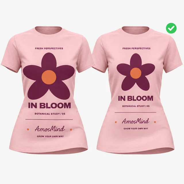 Two pink women's T-shirts with the same flower artwork: too wide for the shirt on the left, scaled down and marked with a check on the right