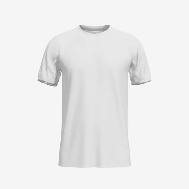 A plain white unisex T-shirt with straight sides