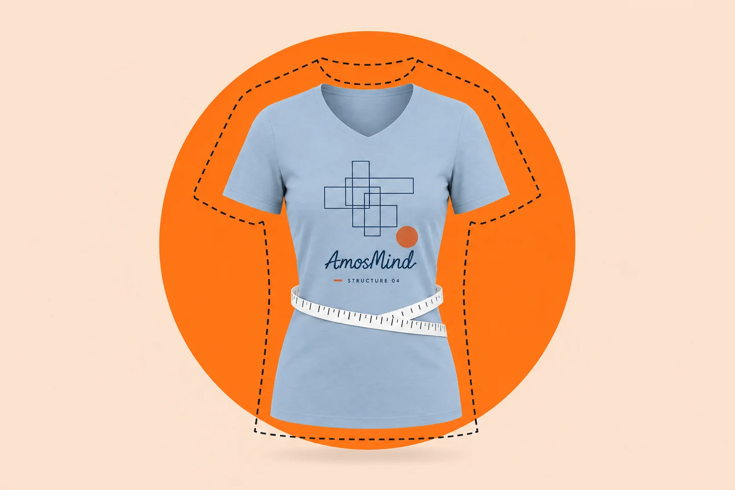A light blue women's V-neck T-shirt with a measuring tape around its waist, over the dashed outline of a wider, straight-sided unisex tee