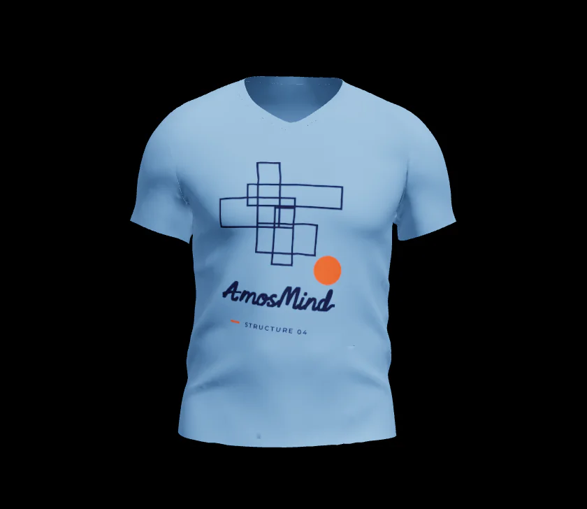 Fitted V-neck T-shirt mockup in light blue with navy line artwork and the AmosMind wordmark