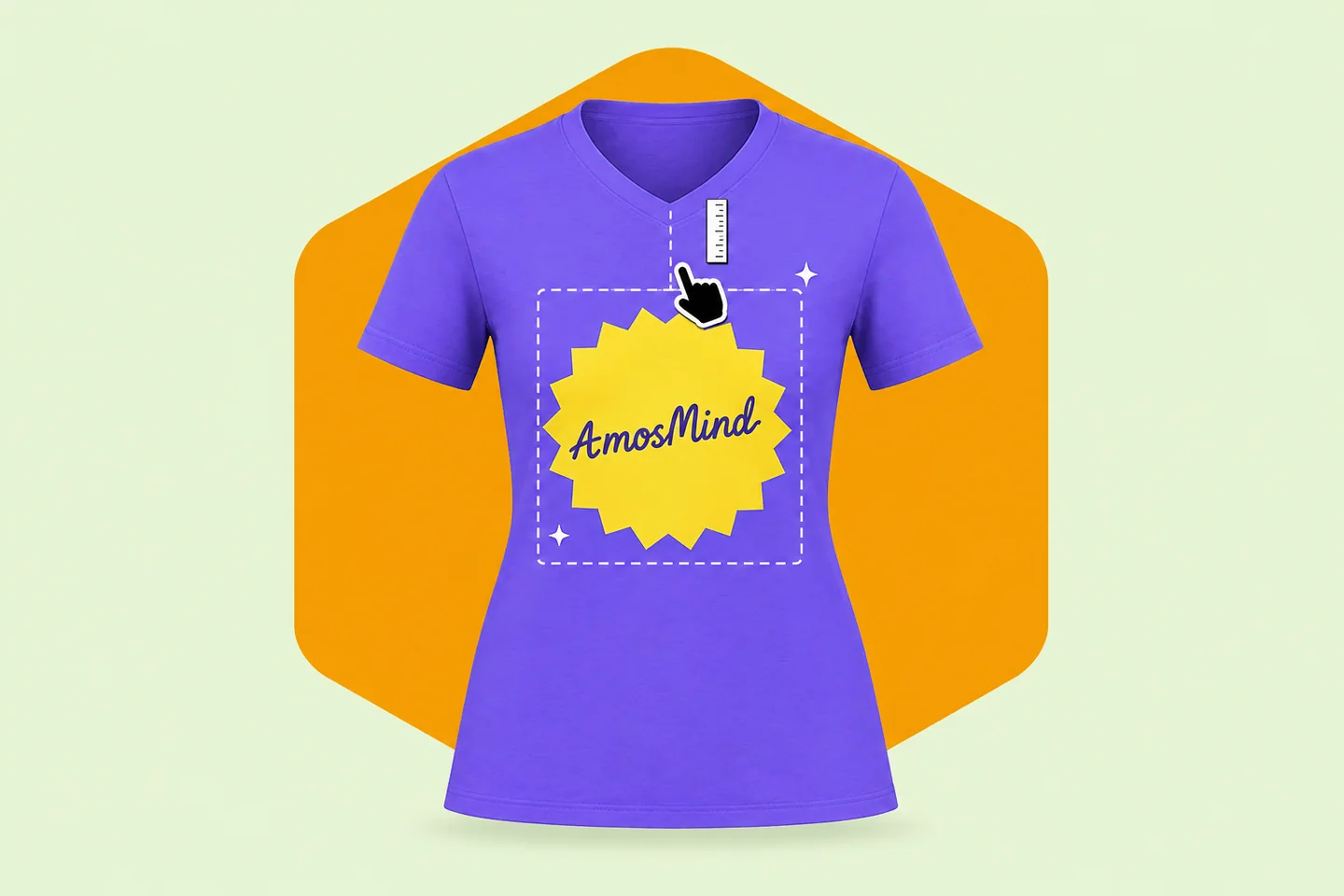 A purple women's V-neck T-shirt with a yellow badge inside a dashed print area, and a small ruler between the V and the top of the print