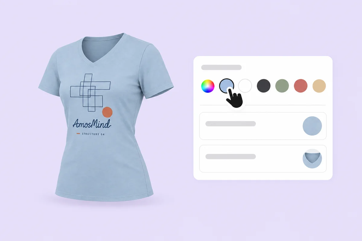 The women's V-neck T-shirt turned light blue and seen from an angle, beside the garment color panel