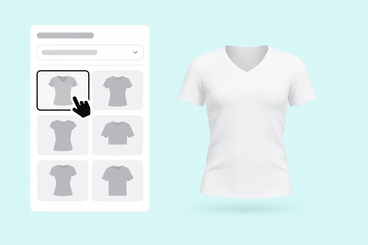 Choosing a women's V-neck T-shirt in the mockup panel, beside the blank white shirt