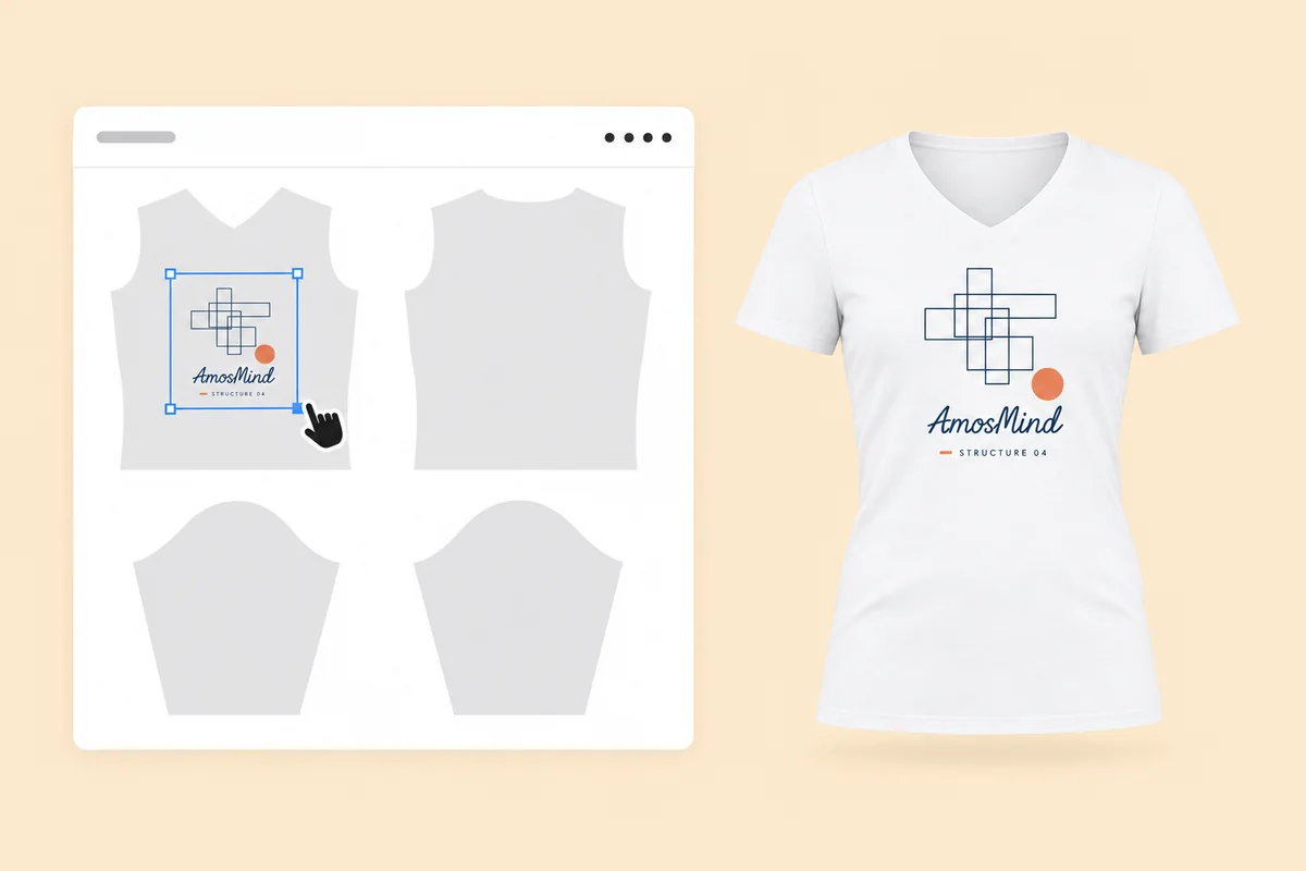 Scaling line artwork on the front piece of the women's V-neck T-shirt, with the print showing on the shirt