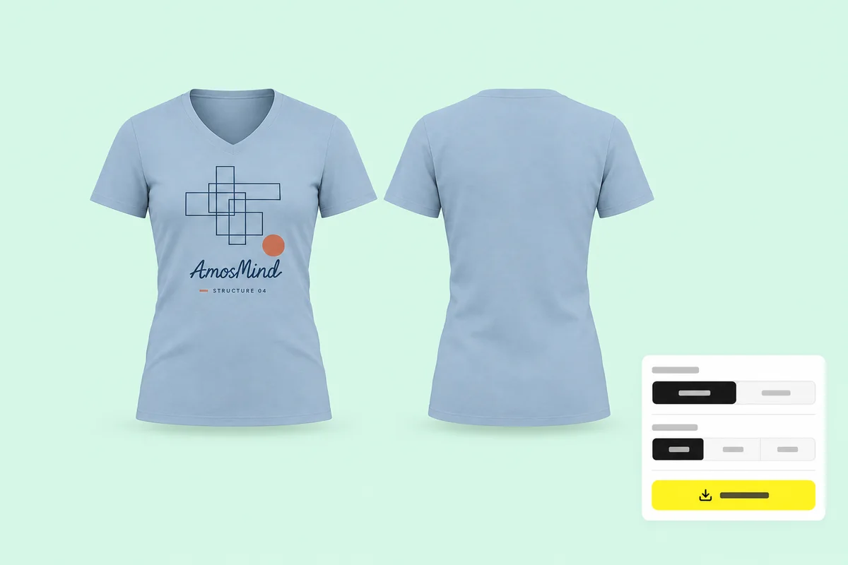 Front and back renders of the light blue women's V-neck T-shirt with the export settings